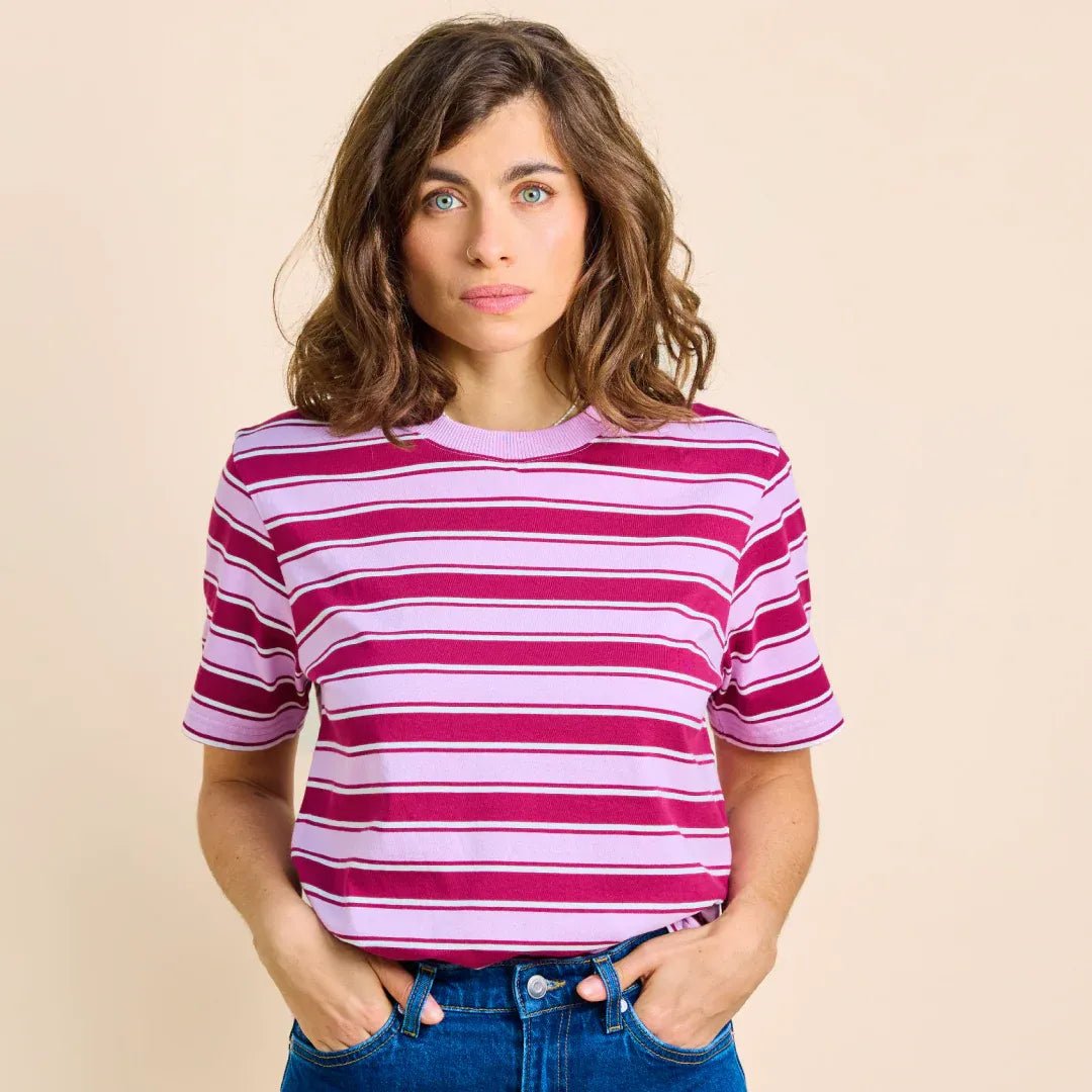 popeia - T-Shirt Gestreift aus Bio - Baumwolle • Aubergine/Pink - ROSA ECK