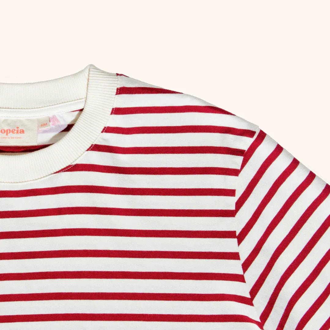 popeia - T-Shirt Gestreift aus Bio - Baumwolle | Bordeaux/Off - White - T-Shirt - ROSA ECK Concept Store