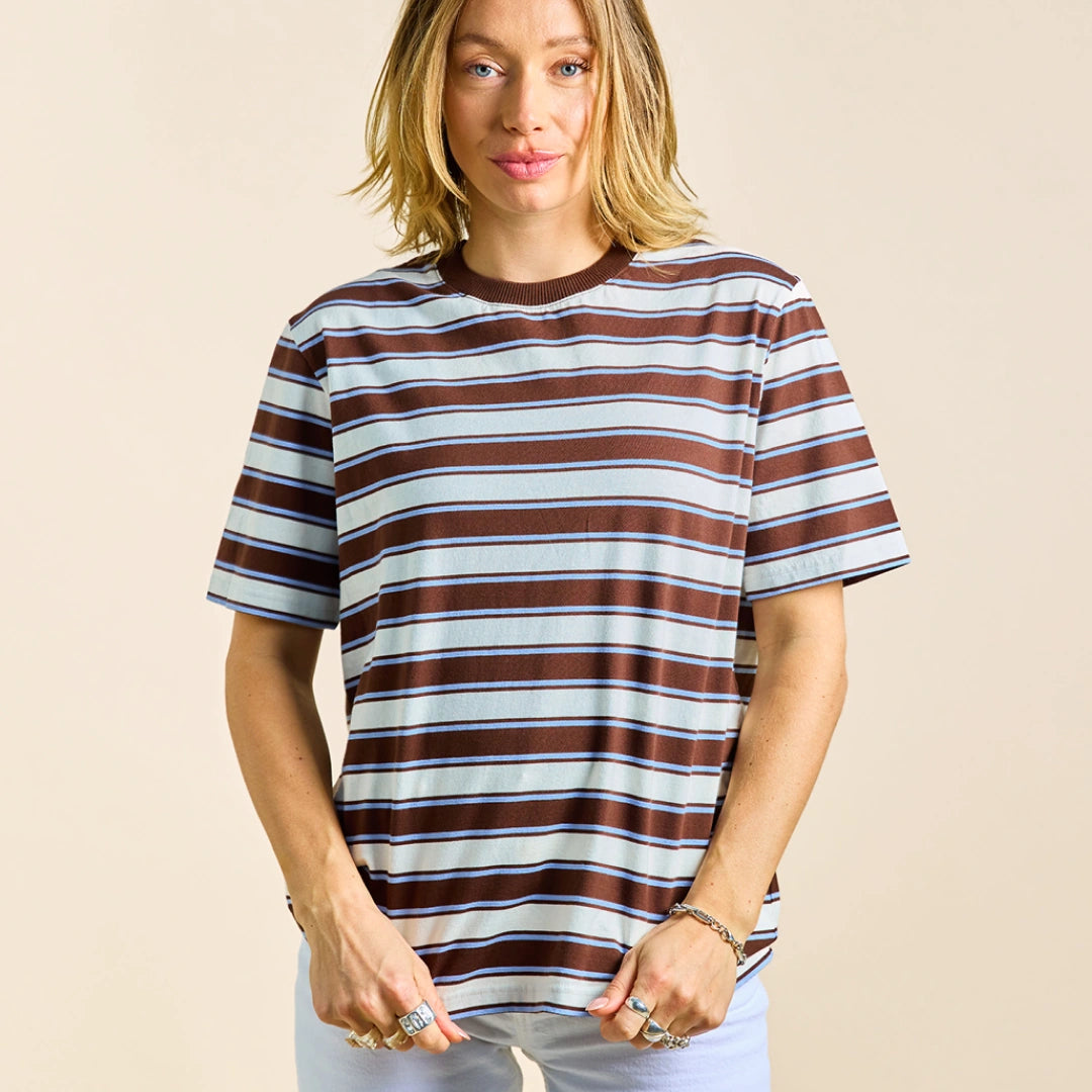 Gestreiftes T-Shirt aus Bio-Baumwolle in Braun und Hellblau