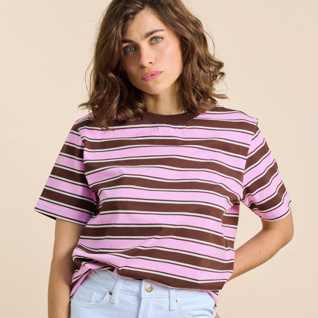 Gestreiftes T-Shirt aus Bio-Baumwolle in Braun und Pink