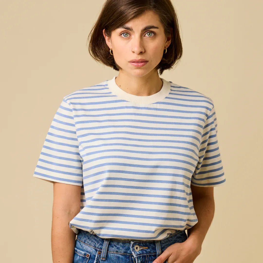 popeia - T-Shirt Gestreift aus Bio - Baumwolle | Eisblau/Off - White - T-Shirt - ROSA ECK Concept Store