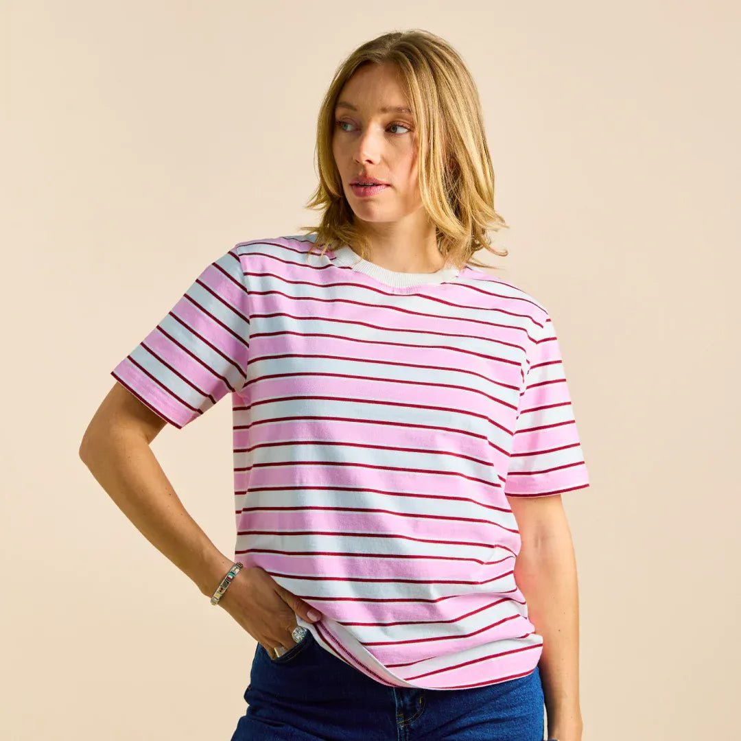 popeia - T-Shirt Gestreift aus Bio - Baumwolle • Weiß/Pink - ROSA ECK