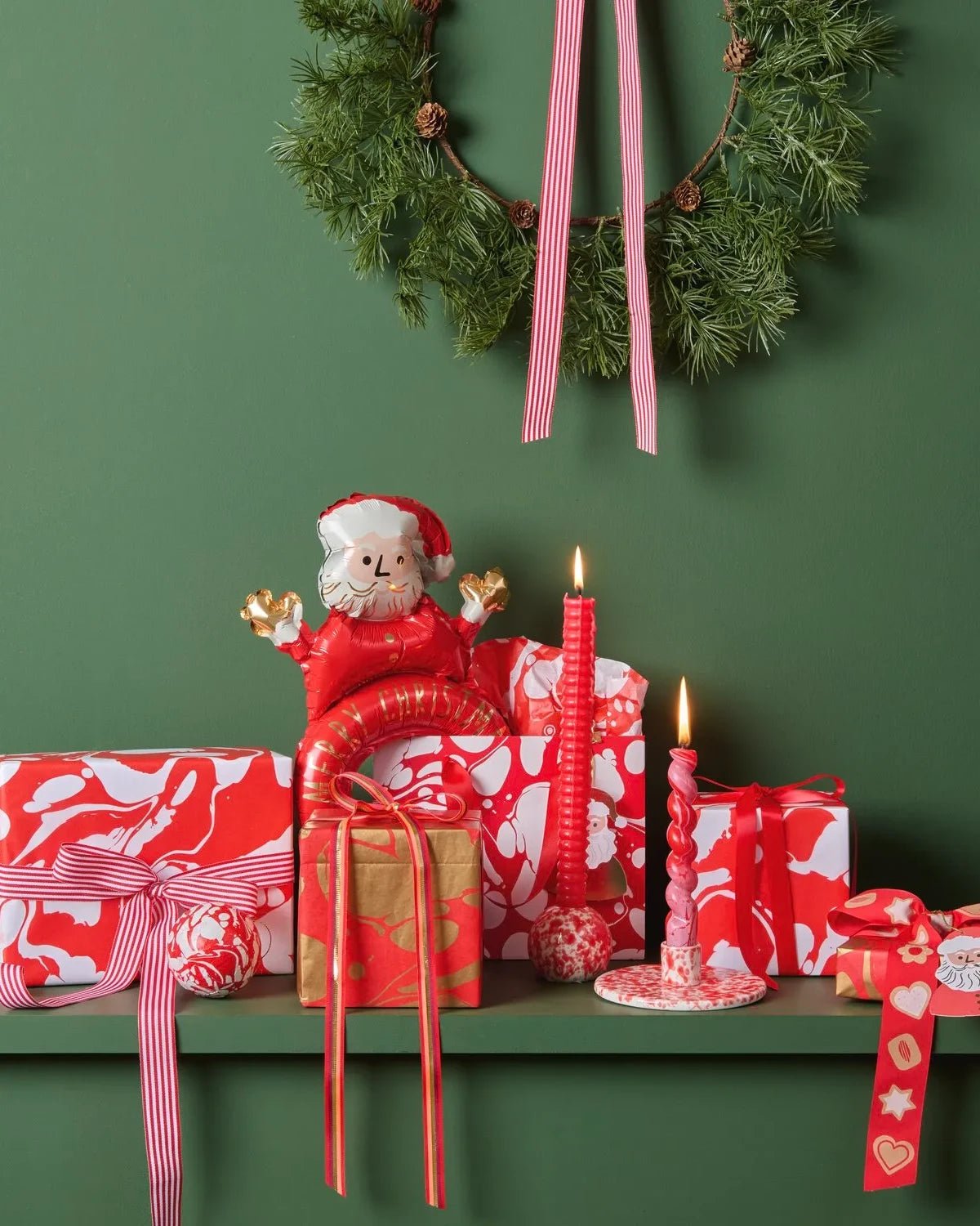 Rico Design - Porzellan Kerzenhalter Kugel • Rot - Weiß Marmoriert - Kerzenständer - ROSA ECK