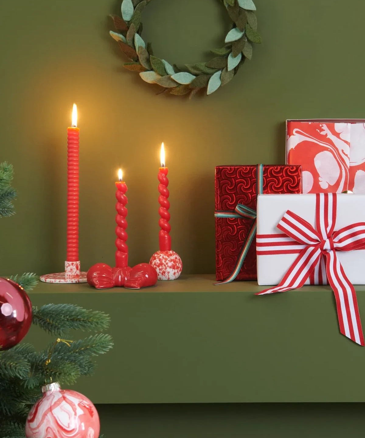 Rico Design - Porzellan Kerzenhalter Rund • Rot - Weiß Marmoriert - Kerzenständer - ROSA ECK