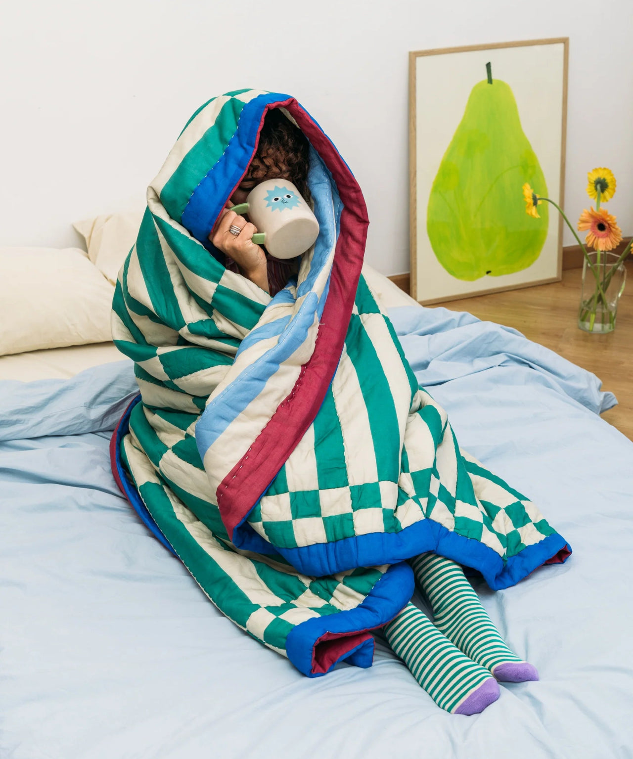 Tarta Gelatina - SIESTA Steppdecke zum Wenden mit Streifen - Sofadecke - ROSA ECK