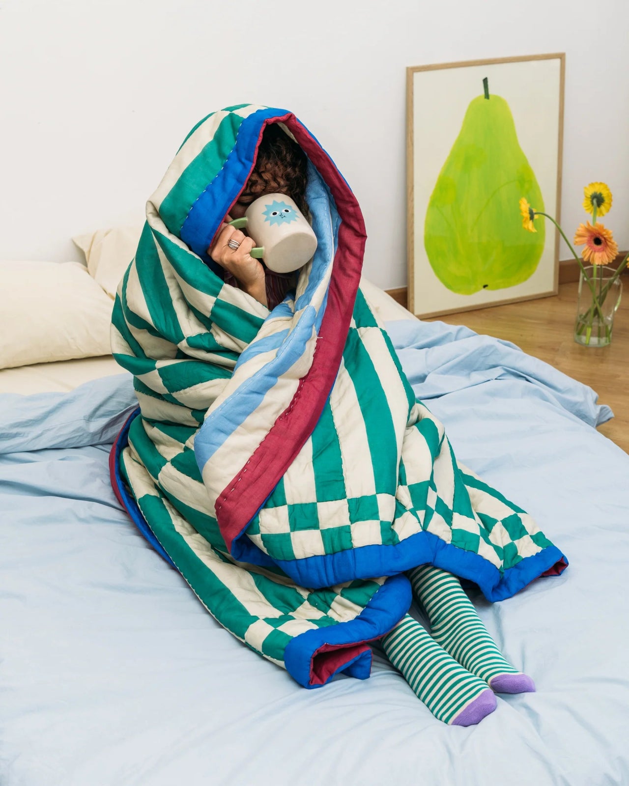 Tarta Gelatina - SIESTA Steppdecke zum Wenden mit Streifen - Sofadecke - ROSA ECK