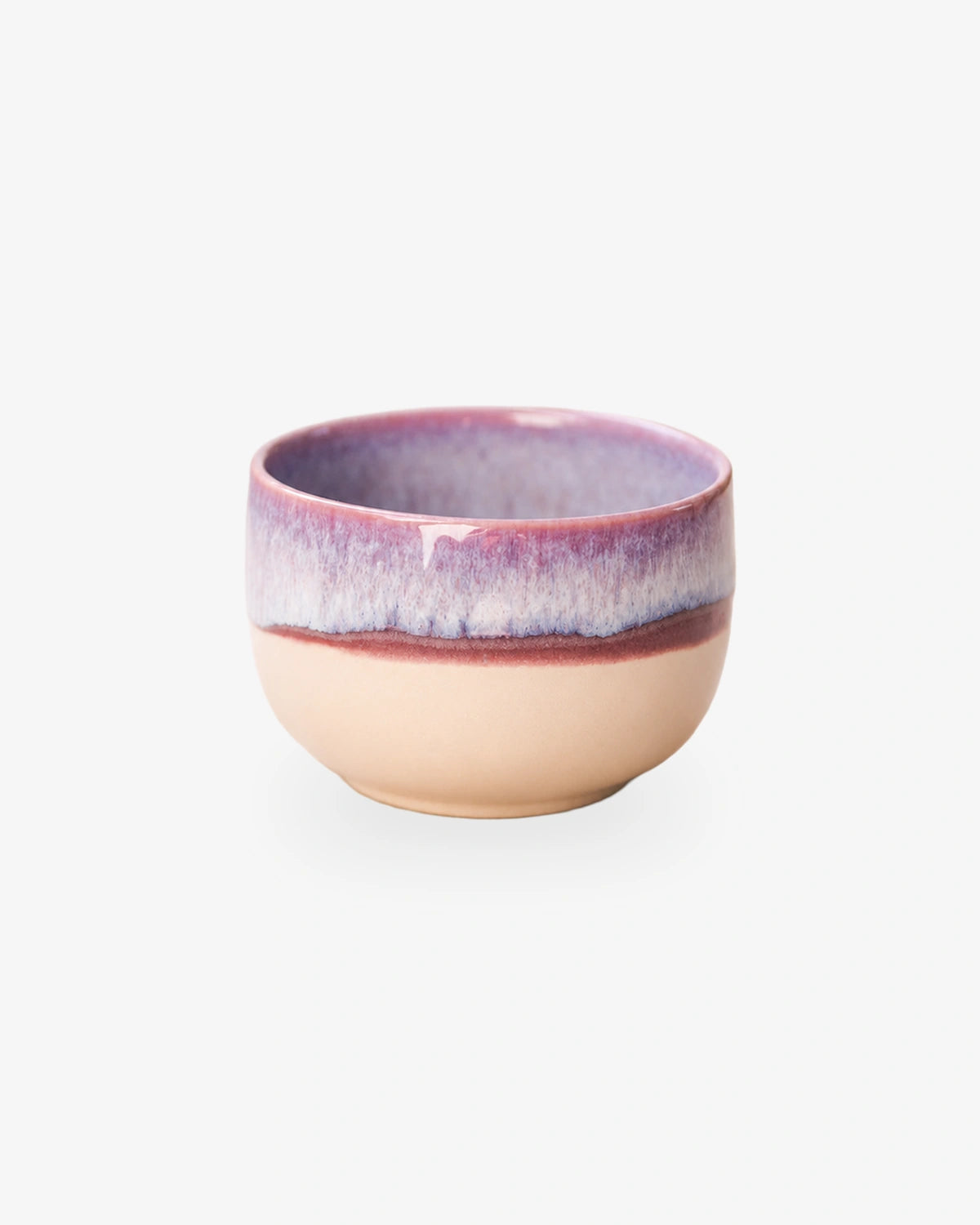 Kleiner Keramikbecher in Beige mit Lila und Blau, ohne Henkel
