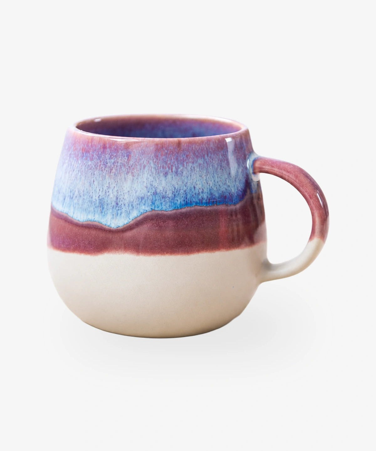 Große Kaffeetasse aus Steinzeug in Beige mit Lila und Blau